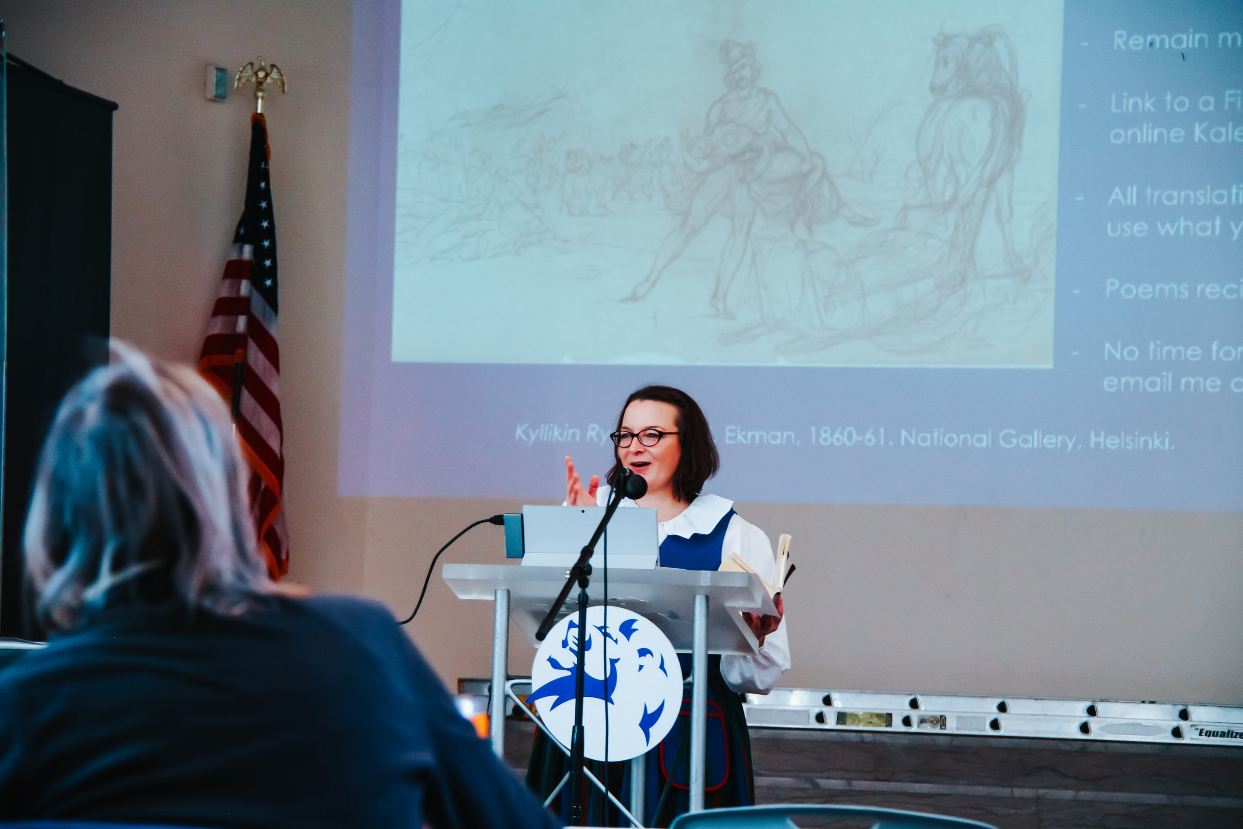 Dr. Hilary-Joy Virtanen presenting during Kalevalathon 2023